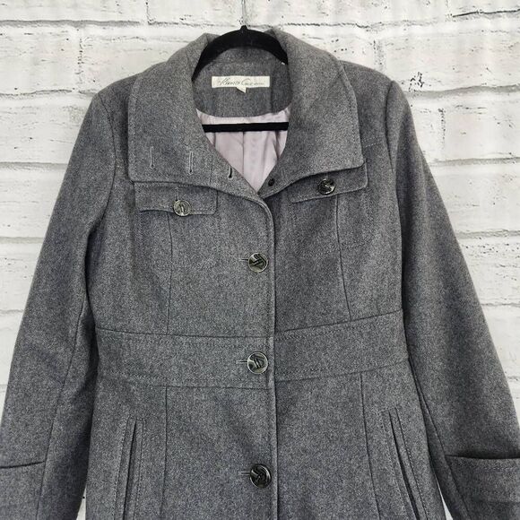 Kenneth Cole Women's Grey Lined Wool Blend Button Front Long Peacoat Size 8 - Picture 2 of 16